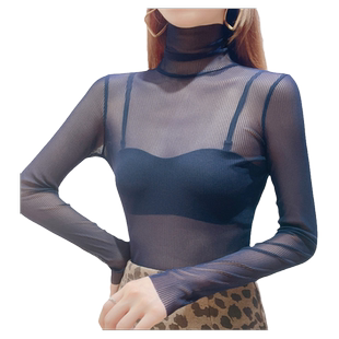 黑色高领网纱打底衫女长袖2022新款洋气内衬小衫毛衣内搭蕾丝上衣