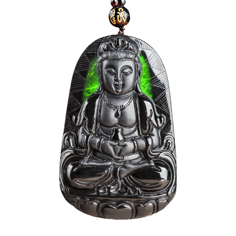 天然a货翡翠墨翠净瓶观音菩萨佛像玉石吊坠冰种挂件男士项链