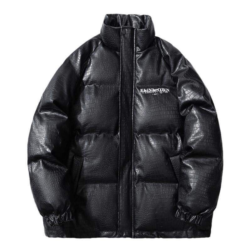 冬季韩式情侣鳄鱼纹羽绒服ins潮免洗PU立领皮衣面包服男棉服外套