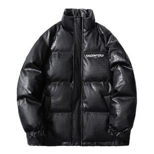 冬季韩式情侣鳄鱼纹羽绒服ins潮免洗PU立领皮衣面包服男棉服外套