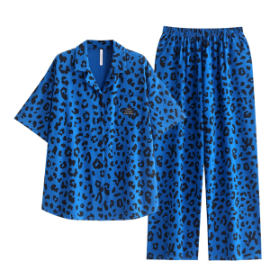 悦内睡衣女士纯棉夏季短袖长裤新款家居服时尚豹纹蓝色高级感开衫