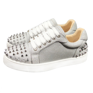 新款银色板鞋情侣铆钉潮鞋白色皮鞋款彩虹钉系带低帮鞋亮片平底鞋