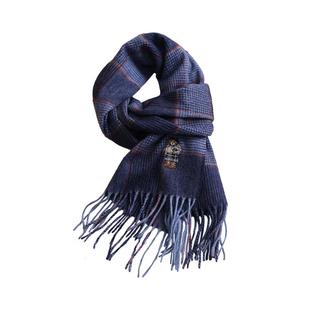 普鲁士蓝刺绣小熊丨英国定制100%羊毛格纹围巾女冬季生日礼物围脖