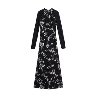 ONMOON 新中式国风竹叶长袖旗袍连衣裙 2026早春新款复古黑裙子女