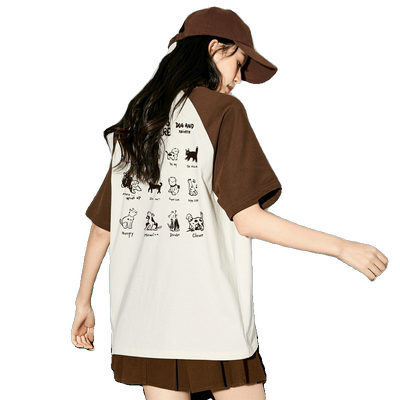 唐狮新款上衣女插肩袖手绘卡通设计感动物撞色内搭短袖宽松T恤sz
