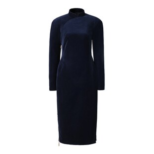 【惊喜特价】Bettychow 中古短丝绒廓形旗袍连衣裙绿色蓝色真丝