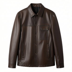 秋冬高端山羊皮真皮外套男复古棕色翻领商务休闲皮衣时尚潮流夹克