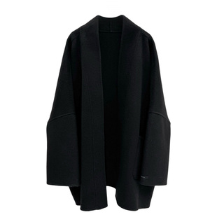 黑色V领 双面羊毛大衣女中长款25新款秋冬茧型显瘦斗篷型毛呢外套