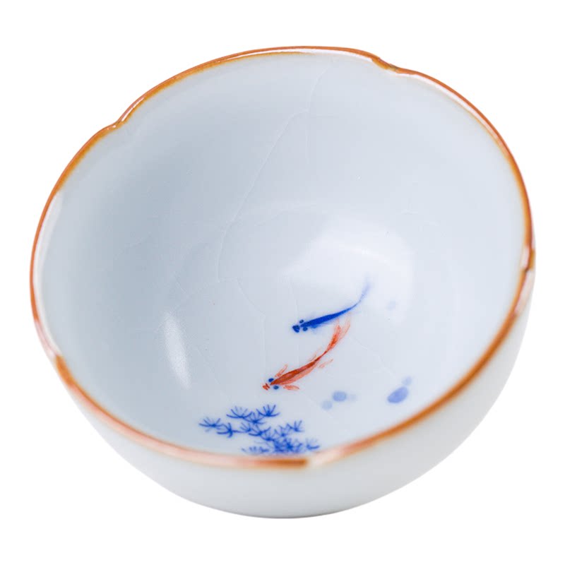 李善明汝瓷开片月白青花葵口杯