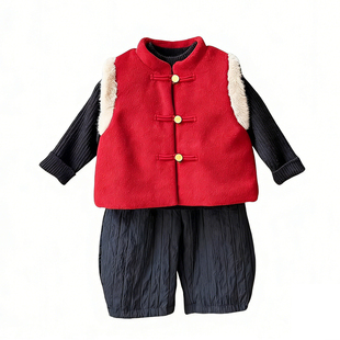 婴儿马甲加厚男童宝宝新年衣服背心中式国风女童过年冬装周岁套装