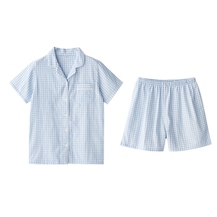 纯棉纱布睡衣女夏天短袖短裤情侣套装薄款格子家居服男士全棉大码