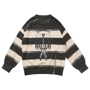 pinksavior次元音浪/拉链装饰吉他条纹秋冬日常休闲毛衣半裙套