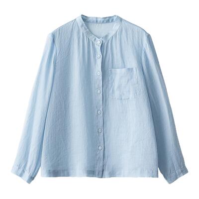 两色立领轻薄苎麻衬衫