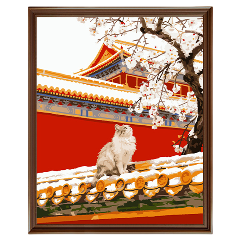 自油自画DIY数字油画红檐雪枝猫