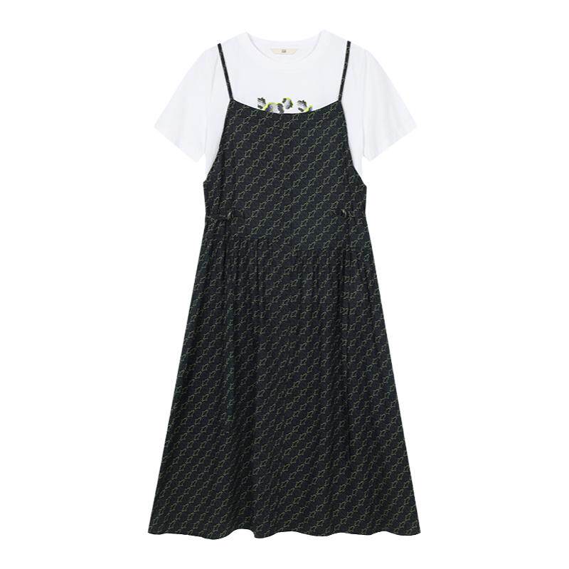 末未MIIWII24夏全棉黑底绿花搭白T两件套背带裙L242604女士