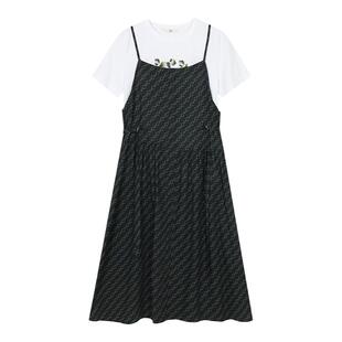 末未MIIWII24夏全棉黑底绿花搭白T两件套背带裙L242604女士