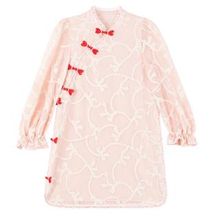 KEIKO 新中式勾花蕾丝改良旗袍连衣裙春夏国风盘扣饰泡泡袖A字裙