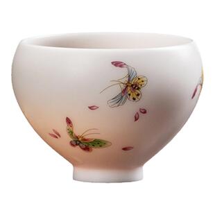 德化陶瓷【单茶杯满55ml烤花哑光】羊脂玉瓷素烧无釉 花蝴蝶 中小