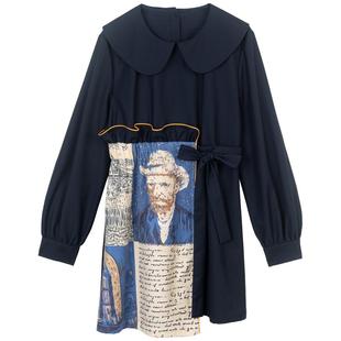 KEIKO文艺感拼接印花娃娃领连衣裙26春季出游田园风系带显瘦A字裙