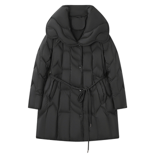 2025新款女装冬季修身收腰中长款羽绒服女黑色大翻领鸭绒外套系带
