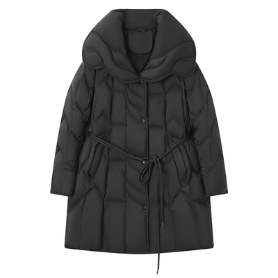 2025新款女装冬季修身收腰中长款羽绒服女黑色大翻领鸭绒外套系带