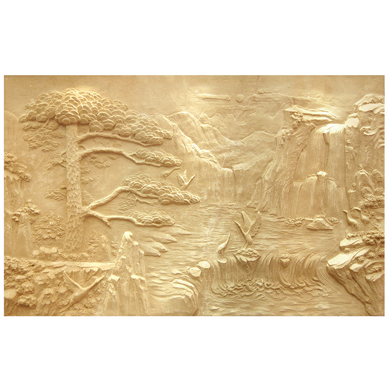 人造砂岩浮雕　沙岩背景墙石雕壁画山水定制玻璃钢沙雕雕塑松鹤图
