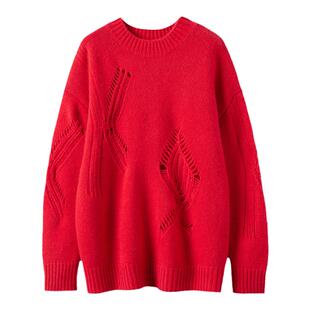 高姿态好货~加厚圆领羊绒衫女100纯山羊绒镂空毛衣宽松外穿针织衫