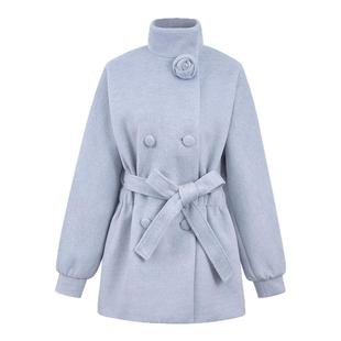 RECIT 冰川蓝立体玫瑰含羊毛呢大衣女冬季收腰系带中短款毛呢外套