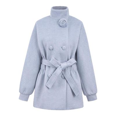 蓝色毛呢收腰阔型大衣