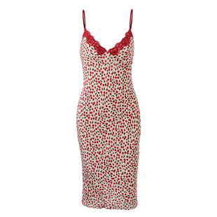 PynkiSwear 碎花V领蕾丝拼接修身吊带连衣裙女收腰显瘦度假长裙夏