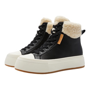 Nine West/玖熙厚底羊羔毛高帮帆布鞋女职场秋冬加绒保暖系带板鞋