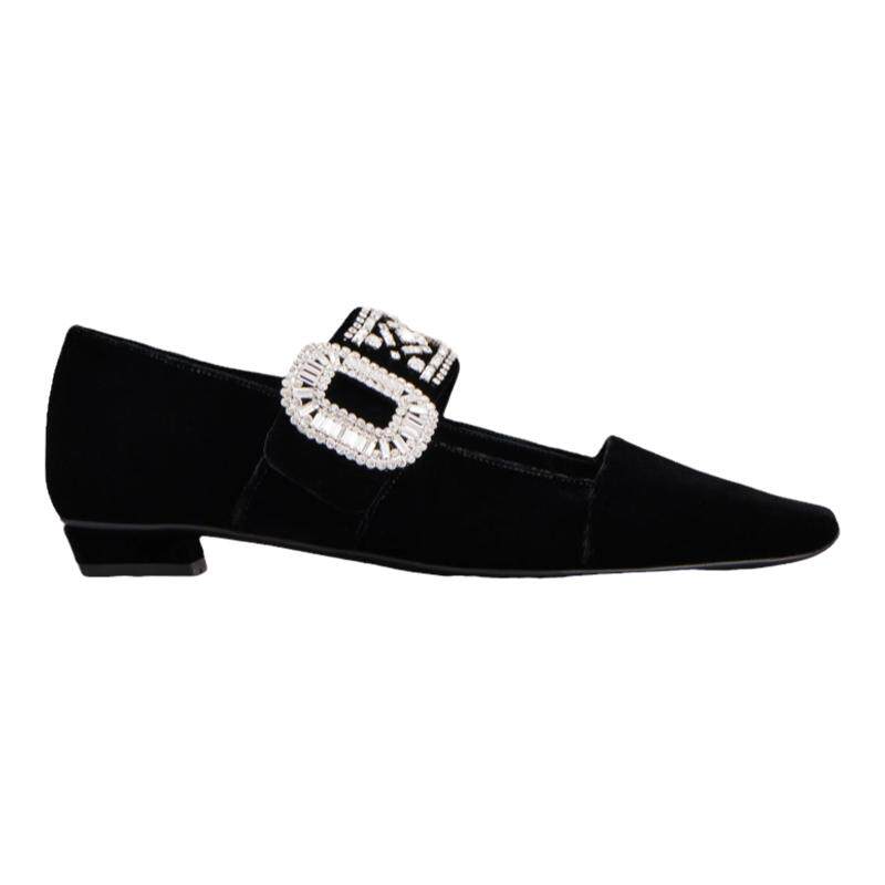 RogerVivier/罗杰维维亚女士芭蕾舞鞋天鹅绒水晶装饰覆盖鞋跟新款