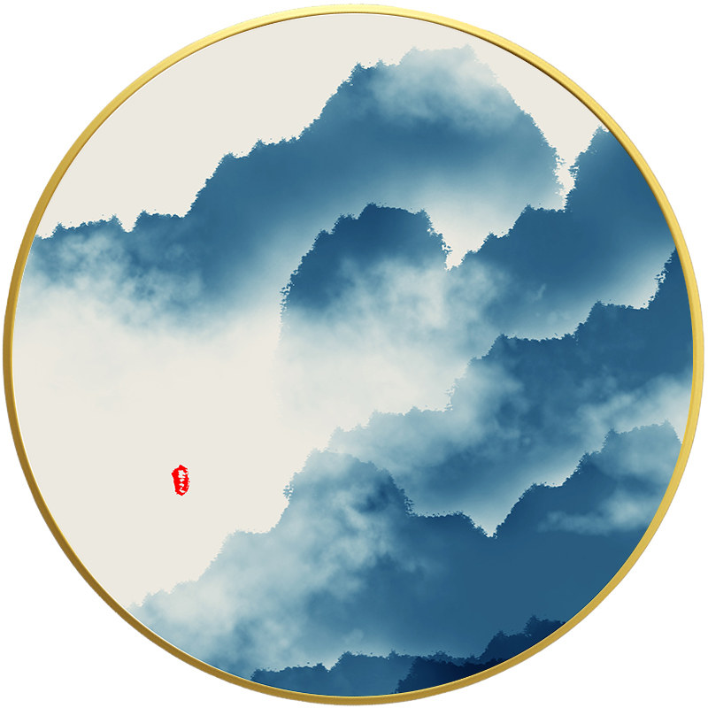 高山流水玄关装饰画高级感客厅挂画大气山水画新中式走廊圆形壁画