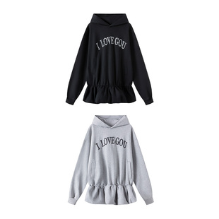 LYUOCHENG 早秋休闲“I LOVE GOU”珠片绣花苞宽松连帽卫衣