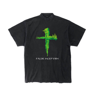 False Inception十字架恶搞Monster魔爪logo洗水灰小领口短袖T恤