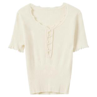 ibudu2025夏季新款莱赛尔针织衫坑条木耳边修身毛衫短款女