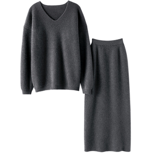 显瘦包容哇~加厚纯100%山羊绒衫女V领毛衣半身裙休闲羊绒套装秋冬