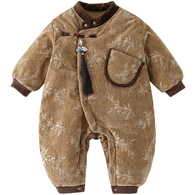 婴儿秋冬中国风夹棉咖色外出爬服