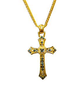 足金包银蓝钻十字架项链情侣款礼