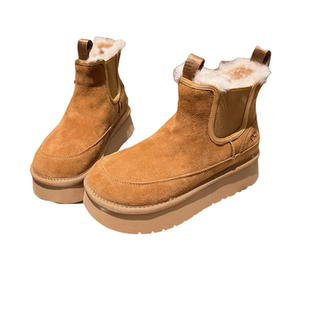 欧洲站磨砂真皮羊毛雪地棉靴面包鞋大头切尔西瘦瘦靴厚底松糕女鞋