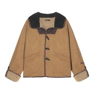 【皮毛一体】Unvesno(UN)中古感重磅麂皮羊羔绒撞色复古连帽夹克