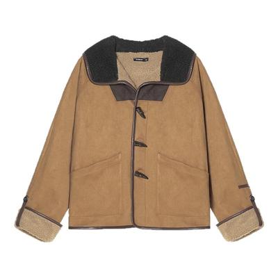 【皮毛一体】Unvesno(UN)中古感重磅麂皮羊羔绒撞色复古连帽夹克