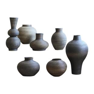 镧林复古台面陶瓷花瓶黑色客厅摆件粗陶罐餐桌插花器陶艺民宿长吉