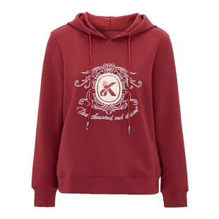 马天奴女装秋新品红品新款枣红色刺绣卫衣连帽衫上衣休闲时尚气质