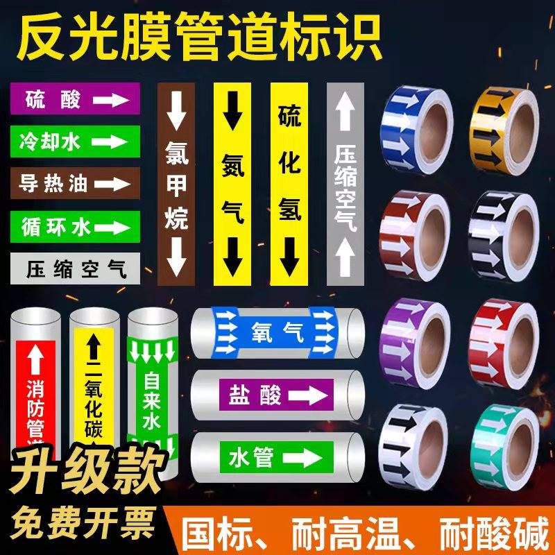 管道标识定制介质流向箭头色环国标反光膜贴纸自来水压缩空气蒸汽