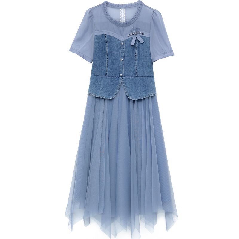芮格2023新款网纱牛仔连衣裙女显瘦小个子设计感小众蓝色修身裙子