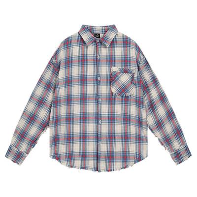 不可奢望翻领流苏格子长袖衬衫