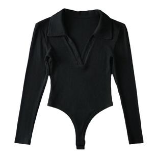 欧美大码女装微胖辣妹v领长袖连体上衣黑色t恤胖内搭复古打底性感