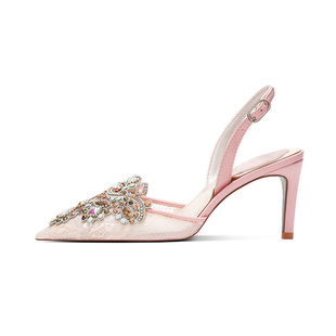 新款宴会法式尖头高跟鞋rc新娘婚鞋水钻网面鞋女细跟单鞋婚纱鞋