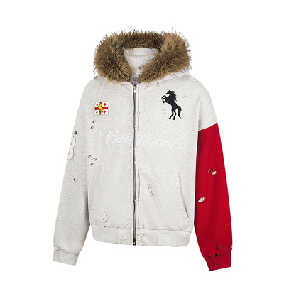 Protocol刺绣座山雕毛领开衫卫衣